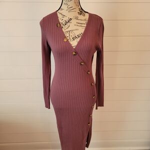 Ribbed Button-Accent V-Neck Midi Dress in Dusty Mauve